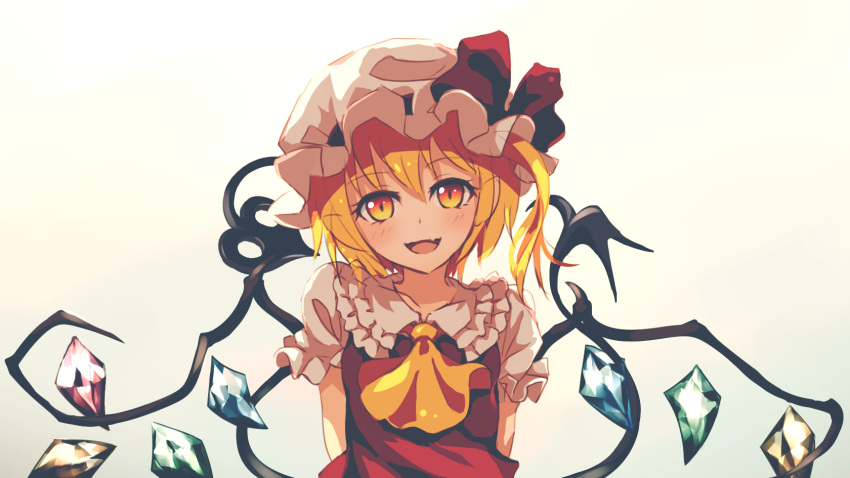 1girl arms_behind_back ascot blonde_hair dise flandre_scarlet hat hat_ribbon highres laevatein looking_at_viewer mob_cap orange_eyes puffy_short_sleeves puffy_sleeves red_ribbon ribbon short_sleeves simple_background smile solo touhou upper_body vest wings