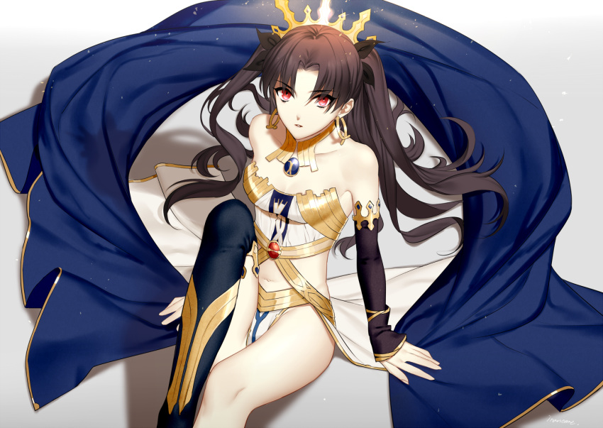 1girl arm arm_at_side arm_support armlet asymmetrical_legwear bangs bare_arms bare_legs bare_shoulders black_detached_sleeves black_hair black_legwear black_ribbon blue_mantle breasts cleavage collarbone crown detached_sleeves earrings fate/grand_order fate_(series) female from_above gem grey_background hair_ornament hair_ribbon highres hoop_earrings inanome_me ishtar_(fate/grand_order) jewelry knee_up legs long_hair looking_at_viewer looking_up mantle midriff navel navel_cutout neck_ring parted_bangs parted_lips red_eyes revealing_clothes ribbon serious shadow signature single_thighhigh sitting small_breasts solo stomach strapless thigh-highs tohsaka_rin two_side_up type-moon waist_cape
