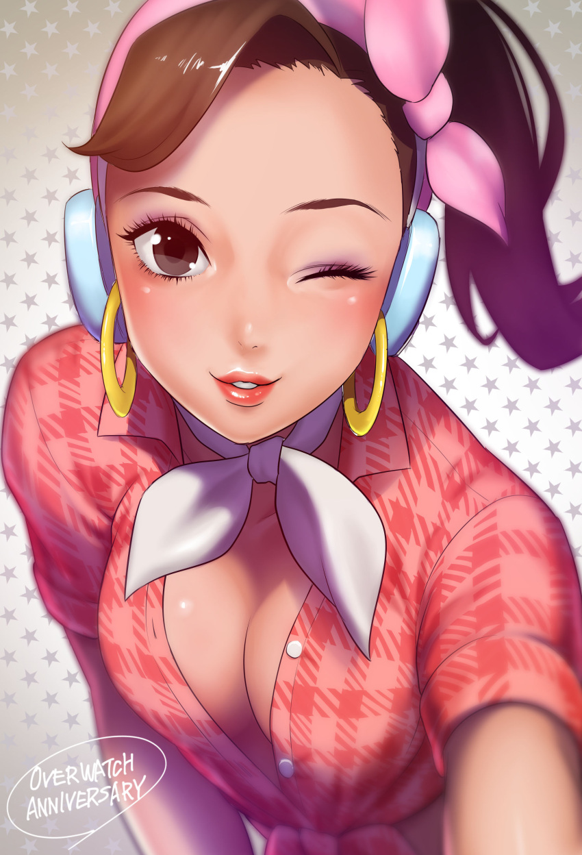 1girl absurdres alternate_costume bangs breast_hold breasts brown_eyes brown_hair cleavage collarbone commentary_request cruiser_d.va d.va_(overwatch) earrings eyelashes hair_ribbon hairband hand_up headphones highres hoop_earrings jewelry kalua_(artist) long_hair looking_at_viewer makeup mascara medium_breasts neck_ribbon no_bra one_eye_closed overwatch pink_hairband pink_lips pink_ribbon plaid plaid_shirt ponytail red_shirt ribbon self_shot shirt short_sleeves smile solo star starry_background swept_bangs taking_picture teeth unbuttoned unbuttoned_shirt upper_body white_ribbon