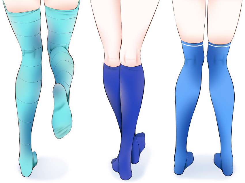 3girls absurdres alternate_color aqua_legwear blue_legwear commentary_request copyright_request feet foreshortening from_behind highres kneehighs kneepits legs_crossed lower_body multiple_girls no_shoes oouso_(usotsukiya) over-kneehighs simple_background skindentation soles standing standing_on_one_leg striped striped_legwear thigh-highs thighs watson_cross white_background
