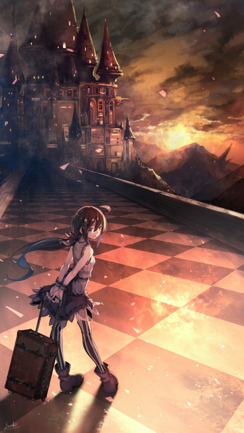 1girl ahoge black_legwear blue_skirt brown_eyes brown_hair castle hair_ornament hairclip highres long_hair looking_at_viewer open_mouth original petals ponytail saraki signature skirt solo striped striped_legwear suitcase teeth white_legwear