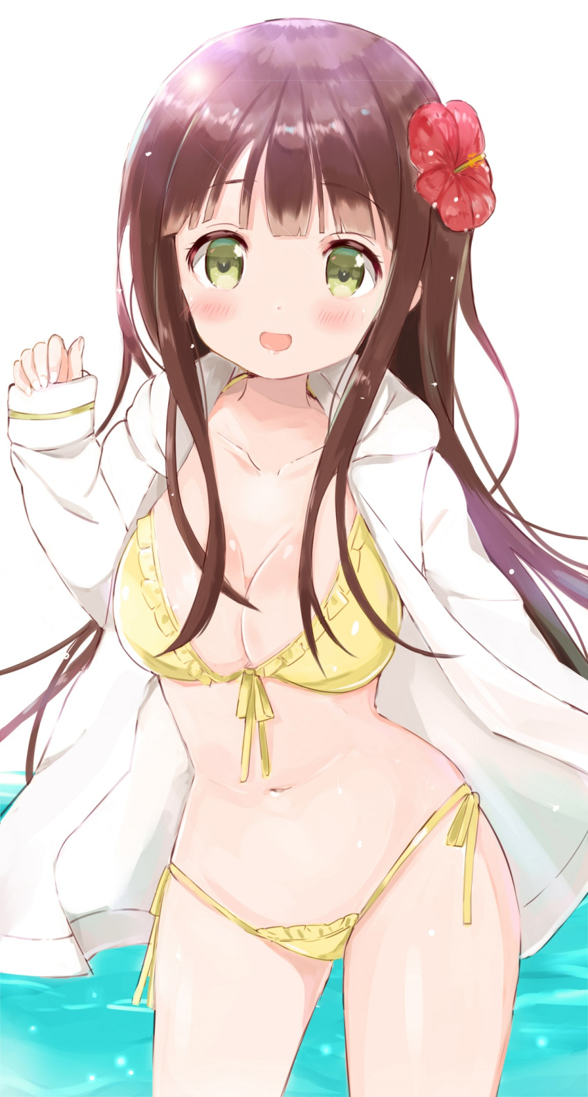 1girl :d alternate_costume arm_behind_back arm_up bangs bikini blunt_bangs blush breasts brown_hair cleavage collarbone commentary_request cowboy_shot eyebrows_visible_through_hair flower front-tie_top gochuumon_wa_usagi_desu_ka? green_eyes hair_flower hair_ornament hibiscus highres jacket jacket_over_swimsuit long_hair looking_at_viewer medium_breasts navel open_mouth side-tie_bottom sidelocks sleeves_past_wrists smile solo standing stomach swimsuit tsubaki_(tatajd) ujimatsu_chiya water white_background white_jacket yellow_bikini