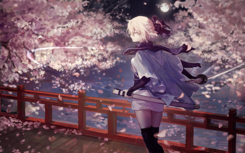 1girl black_bow black_hair black_scarf bow bridge cherry_blossoms fate_(series) full_body hair_between_eyes hair_bow holding holding_sword holding_weapon japanese_clothes katana kimono kimono_skirt kkia looking_at_viewer night obi outdoors river sakura_saber sash scarf sheath short_hair silver_hair solo standing sword thigh-highs tree unsheathing water weapon white_kimono yellow_eyes