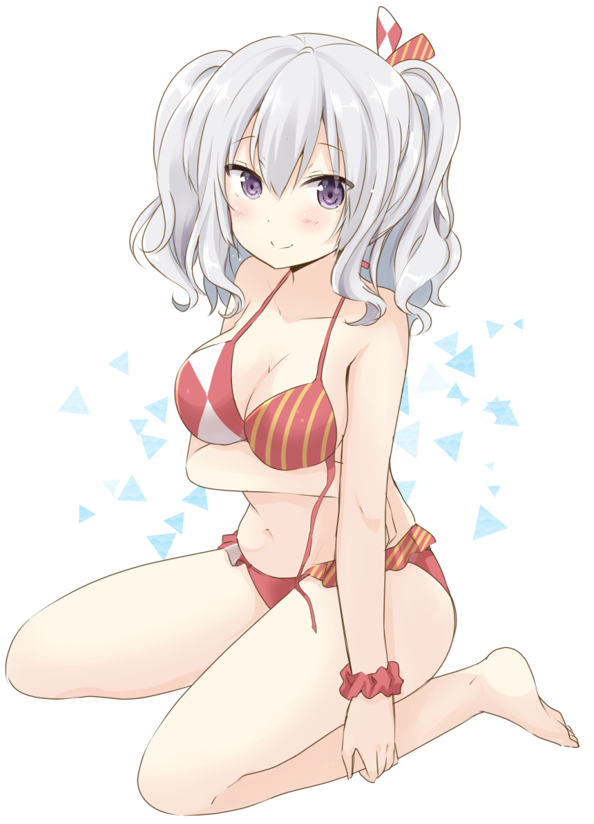 1girl bikini breast_hold collarbone commentary_request frilled_bikini frills full_body hat highres kantai_collection kashima_(kantai_collection) long_hair looking_at_viewer scrunchie silver_hair sitting smile solo swimsuit twintails violet_eyes wariza wrist_scrunchie yoshikita_popuri