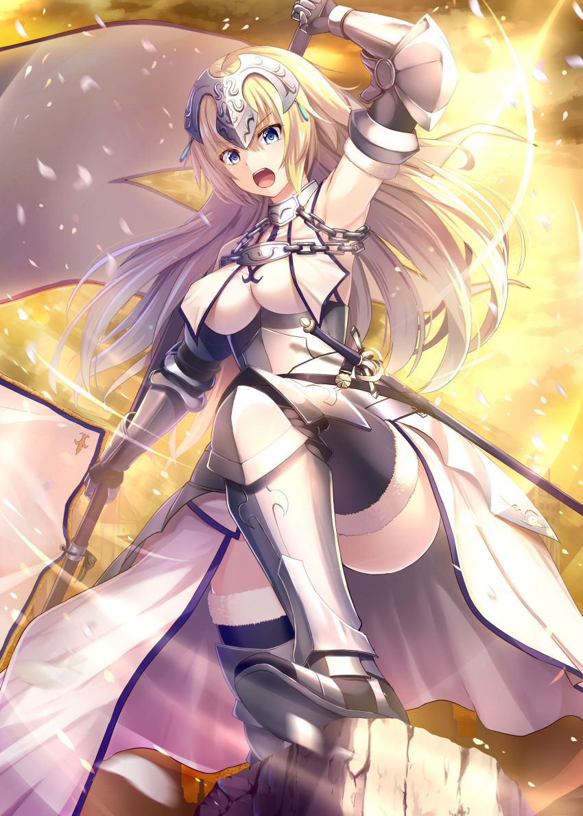 &gt;:o 1girl :o absurdres armor armored_boots armored_dress armpits bangs bare_shoulders black_legwear blonde_hair blue_eyes blush boots breasts chains dress fate/grand_order fate_(series) faulds flag fur_trim gauntlets greaves headpiece highres long_hair looking_at_viewer medium_breasts noe_noel open_mouth ruler_(fate/apocrypha) solo sword thighhighs_under_boots weapon white_dress