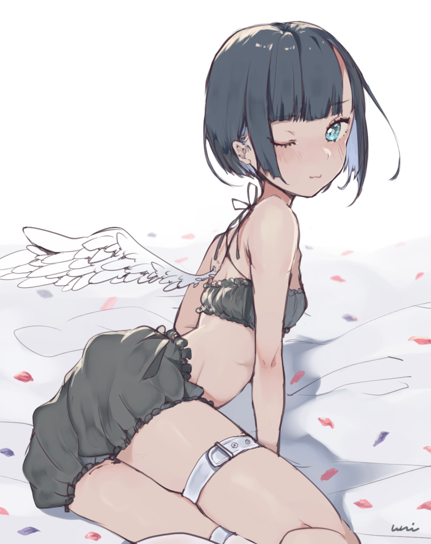 1girl ;3 arm_support bangs black_bloomers black_bra black_hair bloomers blue_eyes blue_hair blunt_bangs bra feathered_wings highres lying multicolored_hair on_side original short_hair single_wing solo thigh_strap two-tone_hair underwear underwear_only uni_(melm) white_wings wings