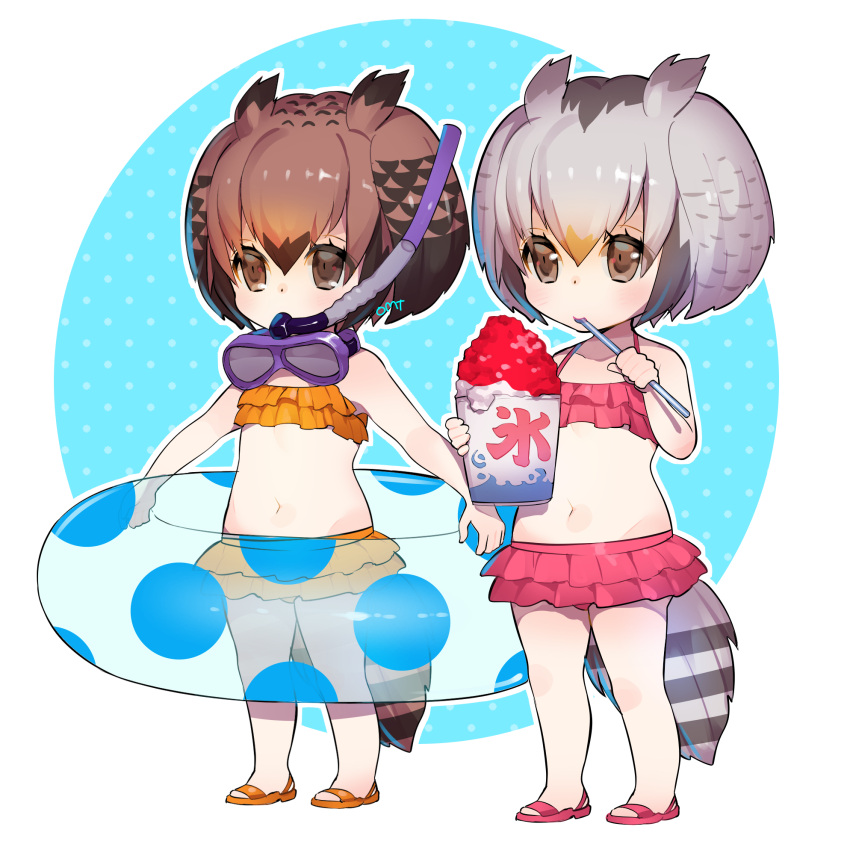 2girls alternate_costume alternate_footwear aqua_background artist_name bikini blonde_hair blush brown_eyes brown_hair c: child closed_mouth collarbone dot_nose eating eurasian_eagle_owl_(kemono_friends) eyelashes food frilled_bikini frills full_body gradient_hair grey_hair hair_between_eyes head_wings highres holding holding_food holding_spoon innertube kemono_friends light_brown_hair looking_away midriff multicolored multicolored_background multicolored_hair multiple_girls navel northern_white-faced_owl_(kemono_friends) omucchan_(omutyuan) orange_bikini orange_bikini_bottom orange_bikini_top outline pink_bikini pink_bikini_bottom pink_bikini_top polka_dot polka_dot_background sandals shaved_ice short_hair signature snorkel spoon spoon_in_mouth standing summer swimsuit tail two-tone_background white_background white_outline wings