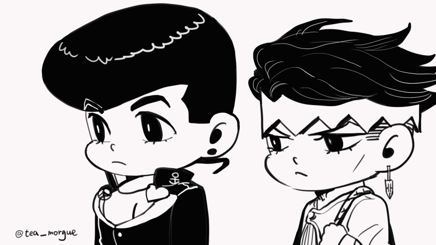 2boys anchor_symbol animated animated_gif blinking diamond_wa_kudakenai earrings frown gakuran heart higashikata_jousuke highres jewelry jojo_no_kimyou_na_bouken kishibe_rohan male_focus monochrome multiple_boys peace_symbol pompadour school_uniform stud_earrings surprised sweatdrop tea_morgue twitter_username