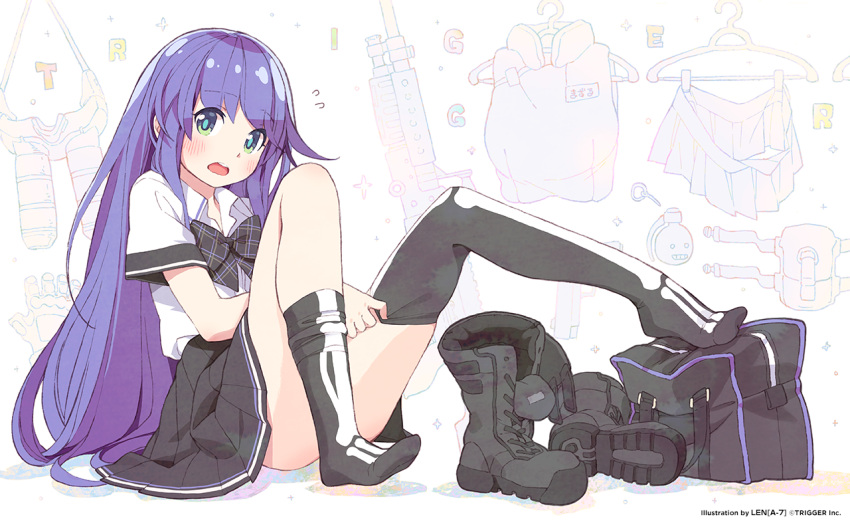 1girl alternate_costume assault_rifle blue_hair boots bow bright_pupils crop_top dressing feet fingerless_gloves flying_sweatdrops full_body gloves green_eyes gun gym_bag lena_(zoal) long_hair miniskirt muzzle_(trigger) name_tag night_vision_device official_art rifle school_uniform shoes_removed simple_background sitting skeleton_print skirt thigh-highs trigger_(company) triggertop watermark weapon white_background