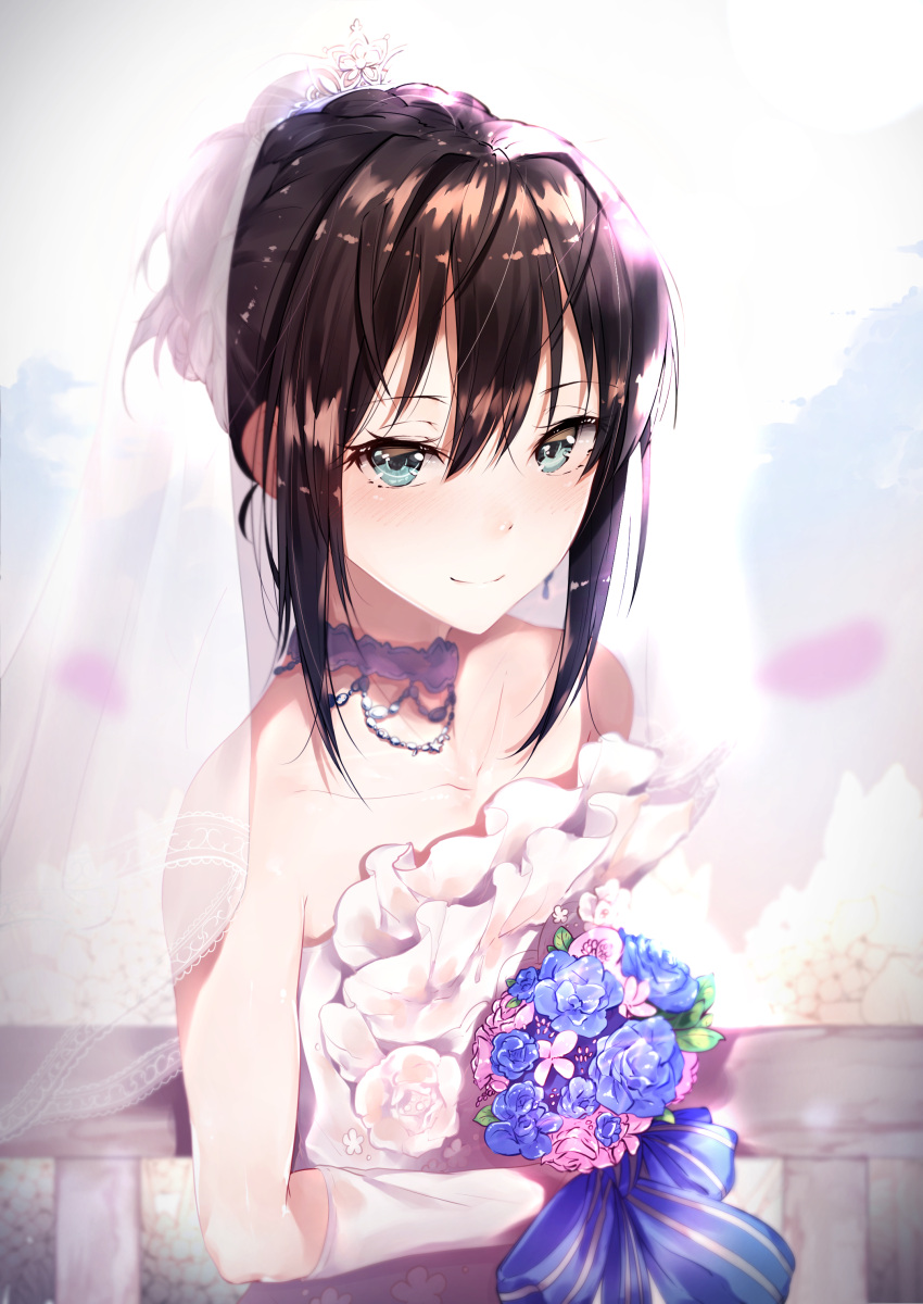 1girl absurdres aqua_eyes backlighting bare_arms bare_shoulders blue_rose blush bouquet bow bridal_veil bride brown_hair closed_mouth collarbone commentary_request day dress elbow_gloves eyelashes flat_chest flower gloves hair_between_eyes highres holding holding_bouquet hplay idolmaster idolmaster_cinderella_girls idolmaster_cinderella_girls_starlight_stage jewelry necklace pink_choker railing rose see-through shibuya_rin shiny shiny_hair short_hair smile solo strapless strapless_dress striped striped_bow sunlight tiara upper_body veil wedding_dress white_dress white_gloves
