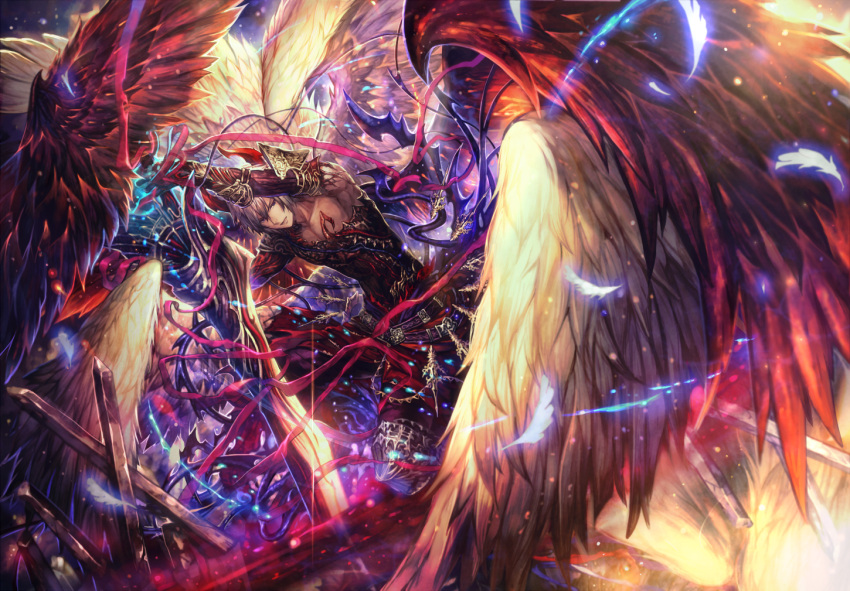 1boy armor armpits blue_feathers bow feathered_wings hair_bow holding holding_sword holding_weapon looking_at_viewer lucifer_(shingeki_no_bahamut) pants parted_lips red_wings shigaraki_(strobe_blue) shingeki_no_bahamut silver_hair solo sword weapon white_wings wings