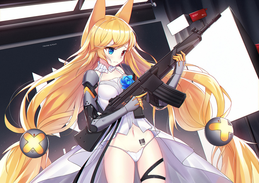 1girl aly_(wei983999767) animal_ears assault_rifle barcode blonde_hair blue_eyes blue_rose blush cyborg flower g41_(girls_frontline) girls_frontline gun h&amp;k_g41 heckler_&amp;_koch heterochromia highres long_hair low-tied_long_hair mechanical_arms panties red_eyes rifle rose trigger_discipline twintails underwear very_long_hair weapon white_panties