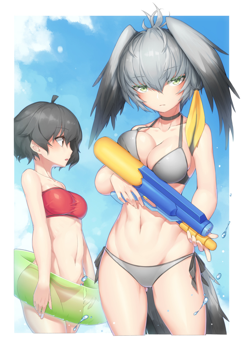 2girls absurdres alternate_costume bandeau bangs bikini black_hair blonde_hair blue_sky blush breasts brown_eyes choker cleavage closed_mouth collarbone cowboy_shot day expressionless eyebrows_visible_through_hair from_side gluteal_fold green_eyes grey_bikini grey_hair hair_between_eyes head_wings highres holding innertube kaban_(kemono_friends) kemono_friends large_breasts looking_afar looking_at_viewer low_ponytail medium_breasts multicolored_hair multiple_girls navel neko7 open_mouth red_bikini shoebill_(kemono_friends) short_hair side-tie_bikini side_ponytail sky smile stomach strapless super_soaker swimsuit toned trigger_discipline tubetop water water_gun