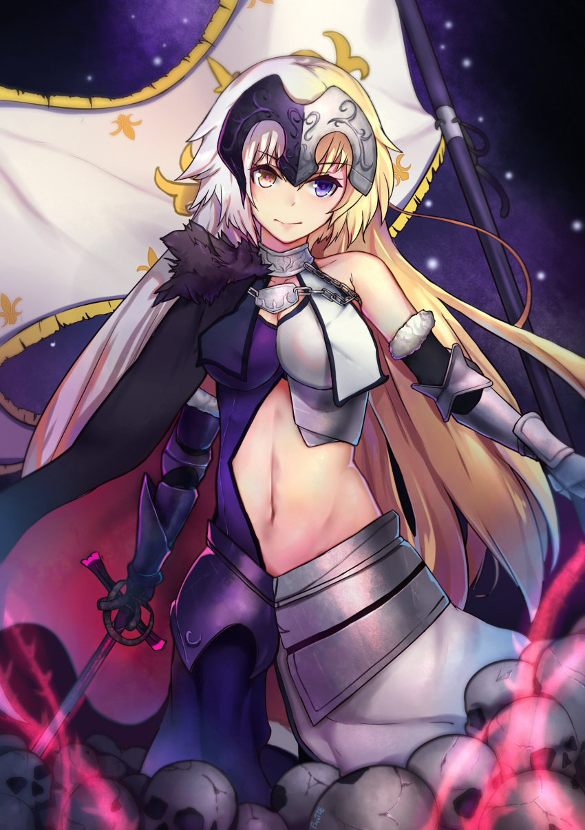 1girl absurdres armor banner blonde_hair blue_eyes breasts cape cleavage collarbone detached_sleeves eyebrows_visible_through_hair fate/grand_order fate_(series) gauntlets heterochromia highres holding holding_sword holding_weapon jeanne_alter long_hair medium_breasts midriff multicolored_hair navel pantie_painting ruler_(fate/apocrypha) signature silver_hair skull smile solo standing stomach sword two-tone_hair very_long_hair weapon yellow_eyes