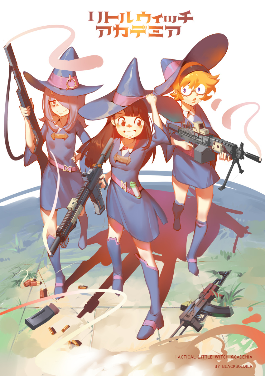 10s 3girls absurdres black_soldier blue_eyes boots brown_hair dress glasses gun hair_over_one_eye hairband hat highres kagari_atsuko little_witch_academia long_hair lotte_jansson multiple_girls orange_hair pink_hair purple_hair red_eyes rifle rifle_cartridge shell_casing short_hair skirt smile smoke smoking_gun sucy_manbavaran weapon witch witch_hat