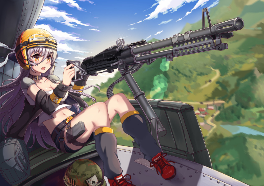 1girl ace_of_clubs aircraft braid breasts choker cleavage dawn_(664387320) girls_frontline gun hair_between_eyes helicopter helmet lens_flare m60 m60_(girls_frontline) machine_gun short_shorts shorts silver_hair thigh_strap weapon yellow_eyes