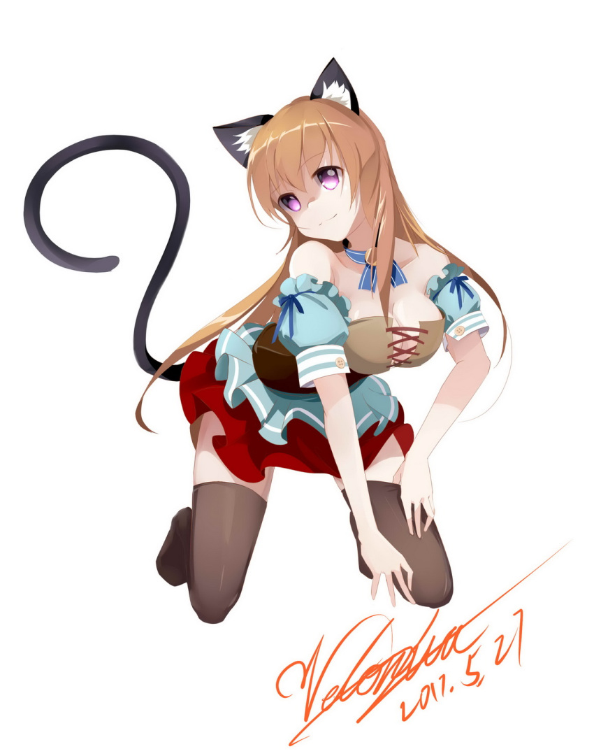 1girl animal_ears bare_shoulders black_legwear breasts brown_hair cat_ears cat_tail corset dated detached_sleeves full_body highres kneeling long_hair looking_at_viewer medium_breasts original red_skirt shaded_face short_sleeves signature skirt smile solo tail thigh-highs velonicalo violet_eyes white_background