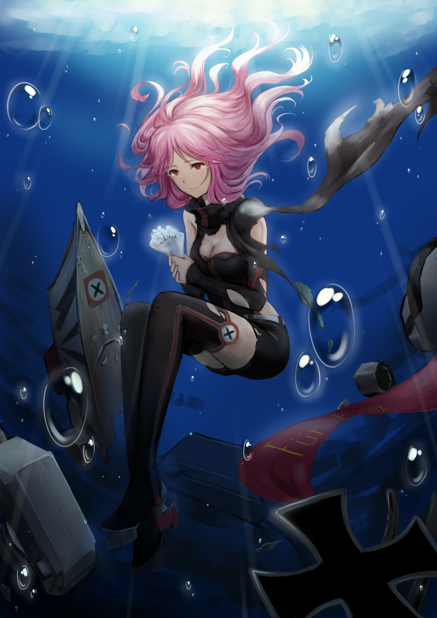 1girl absurdres black_bra black_legwear black_shorts black_vest boots bouquet bra breasts broken bubble cleavage floating_hair flower german high_collar highres holding iron_cross legs_together light_rays long_hair machinery pink_hair red_eyes shorts solo tears thigh-highs thigh_boots tirpitz_(zhan_jian_shao_nyu) torn_clothes underwear vest white_belt white_flower xing_muhen zhan_jian_shao_nyu