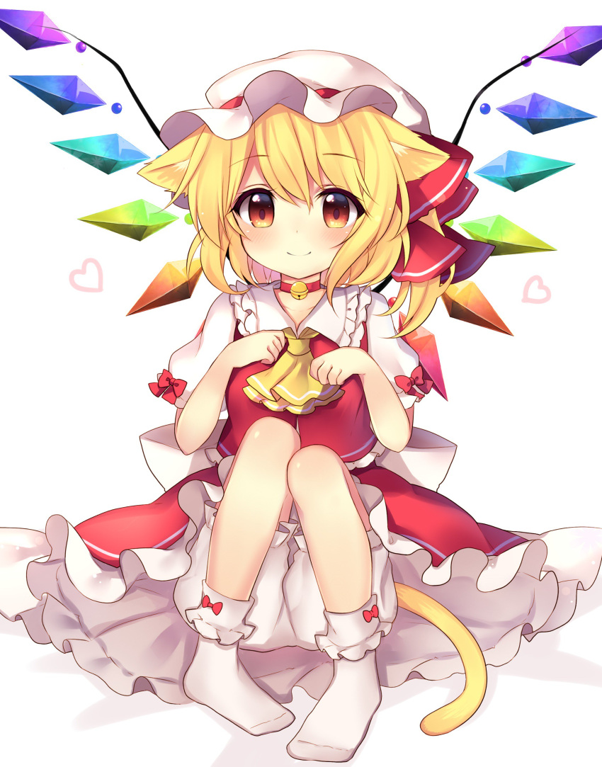 1girl absurdres animal_ears bangs bell bell_choker blonde_hair bloomers blush cat_ears cat_tail choker closed_mouth collarbone cravat crystal eyebrows_visible_through_hair flandre_scarlet full_body hair_between_eyes hands_up hat hat_ribbon heart highres jingle_bell kemonomimi_mode looking_at_viewer mob_cap orange_eyes paw_pose puffy_short_sleeves puffy_sleeves rainbow_order red_ribbon red_skirt red_vest ribbon ruhika shirt short_hair short_sleeves side_ponytail simple_background sitting skirt skirt_set smile socks solo tail touhou underwear vest white_background white_hat white_legwear white_shirt wings yellow_eyes
