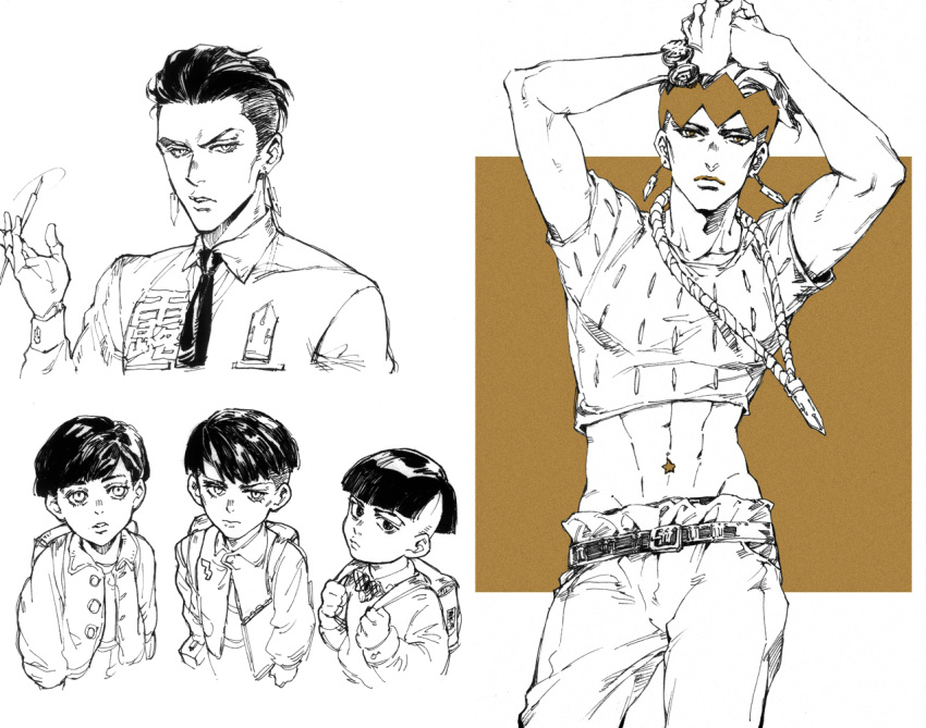 4boys abs backpack bag belt bracelet brown_eyes child diamond_wa_kudakenai earrings giorno_giovanna headband higashikata_joushuu jacket jewelry jojo_no_kimyou_na_bouken jojolion kishibe_rohan male_focus midriff monochrome multiple_boys navel_piercing necklace necktie pen piercing pose seyo spot_color star vento_aureo younger