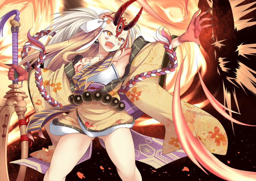 1girl armpits bare_shoulders beads blonde_hair brown_kimono claws commentary earrings facial_tattoo fate/grand_order fate_(series) fire floral_print hair_ribbon holding holding_weapon horns ibaraki_douji_(fate/grand_order) japanese_clothes jewelry kimono legs_apart long_hair long_sleeves looking_away looking_to_the_side magic multicolored multicolored_skin obi off_shoulder oni oni_horns open_mouth outstretched_arm outstretched_hand pointy_ears prayer_beads print_kimono red_skin ribbon rope sash smile solo standing straight_hair sukage tassel tattoo weapon white_ribbon wide_sleeves wind yellow_eyes