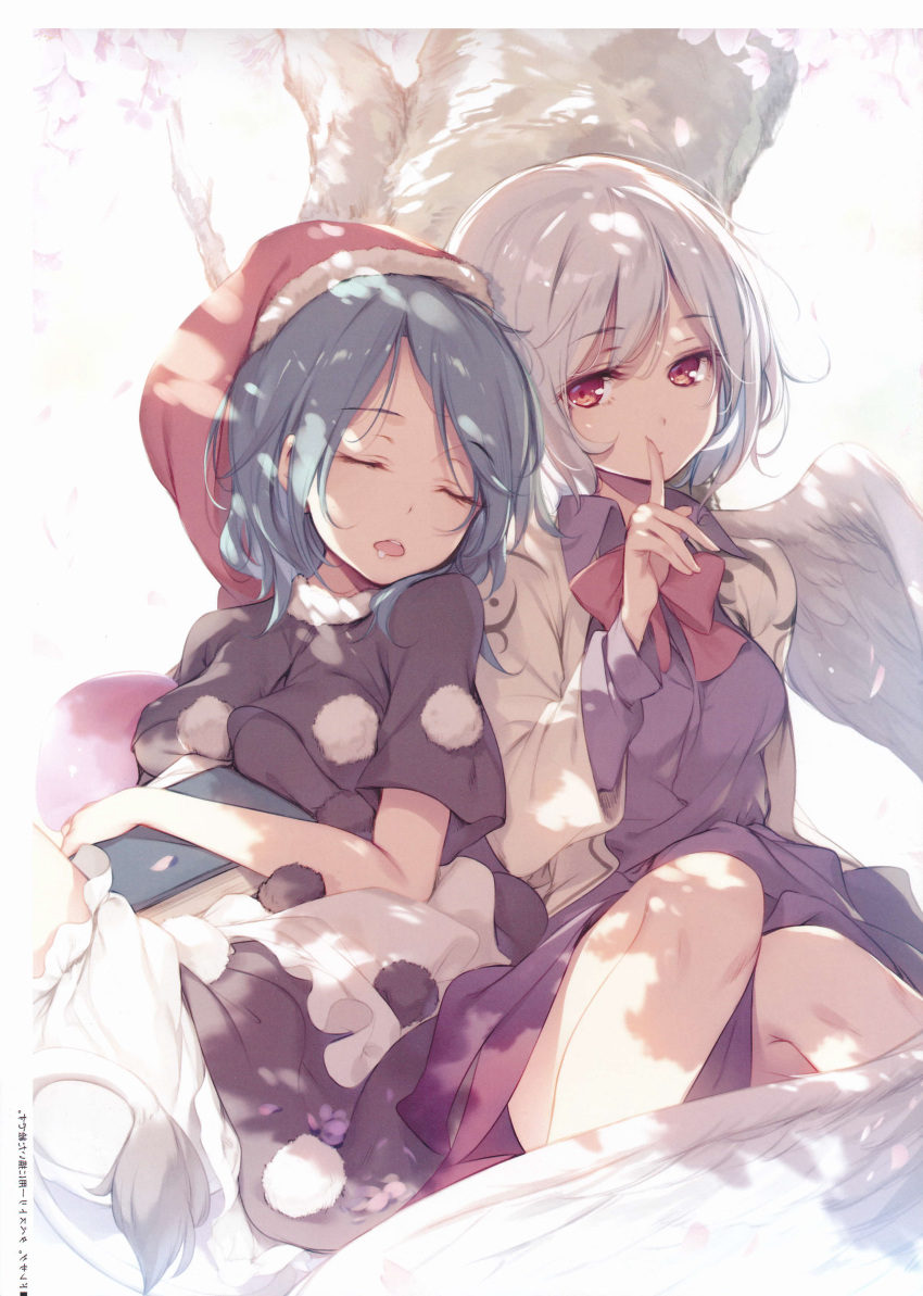 2girls absurdres bangs black_dress blue_hair book bow bowtie breasts closed_eyes closed_mouth collared_dress dappled_sunlight doremy_sweet dress drooling eyebrows_visible_through_hair feathered_wings finger_to_mouth hat highres index_finger_raised jacket ke-ta kishin_sagume knees_up long_hair long_sleeves looking_at_viewer medium_breasts multiple_girls open_clothes open_jacket open_mouth pom_pom_(clothes) purple_dress red_bow red_bowtie red_eyes red_hat round_teeth saliva scan short_hair short_sleeves shushing silver_hair single_wing sitting sleeping sleeping_upright sunlight tail teeth touhou wing_collar wings