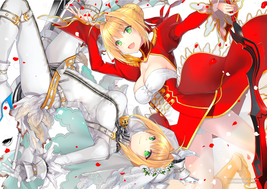 2girls :d absurdres ahoge arm_up blonde_hair bodysuit breasts cleavage dress eyebrows_visible_through_hair fate/extra fate/extra_ccc fate_(series) gloves green_eyes highres holding holding_sword holding_weapon looking_at_viewer medium_breasts multiple_girls open_mouth panties red_dress saber_bride saber_extra sakuyosi school_uniform short_hair_with_long_locks sidelocks smile sword underwear weapon white_gloves white_panties