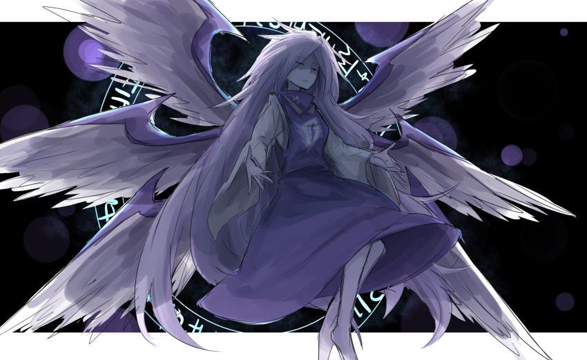 1girl barefoot closed_eyes dress feathered_wings grey_hair highres kan_(aaaaari35) long_hair outstretched_arms purple_hair sariel solo touhou touhou_(pc-98) very_long_hair wings