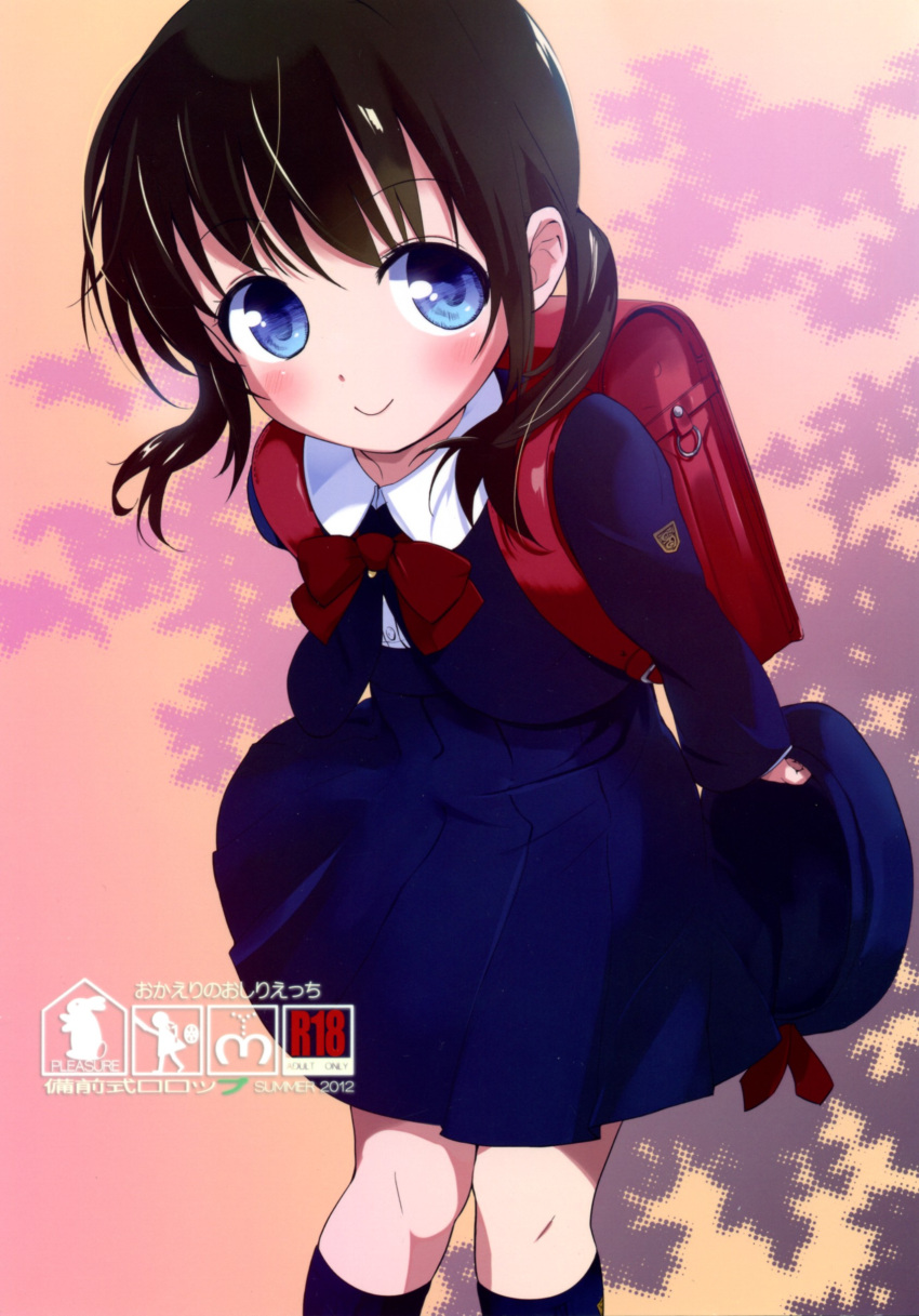 1girl absurdres backpack bag bizen blue_dress blue_eyes blue_jacket blue_legwear brown_hair child cover cover_page cropped_jacket doujin_cover dress hat headwear_removed highres jacket kneehighs long_hair original randoseru school_uniform smile solo twintails