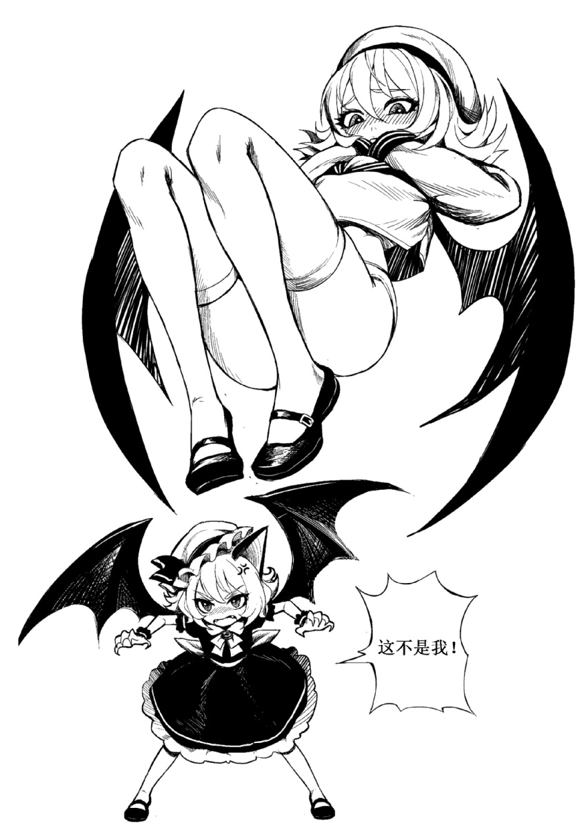 1girl animal_ears bat_wings blush chinese crop_top fkey greyscale hair_between_eyes hat hat_ribbon highres kemonomimi_mode looking_at_viewer mary_janes mob_cap monochrome remilia_scarlet ribbon school_uniform serafuku shoes short_hair short_shorts shorts simple_background skirt thigh-highs touhou white_background wings wrist_cuffs