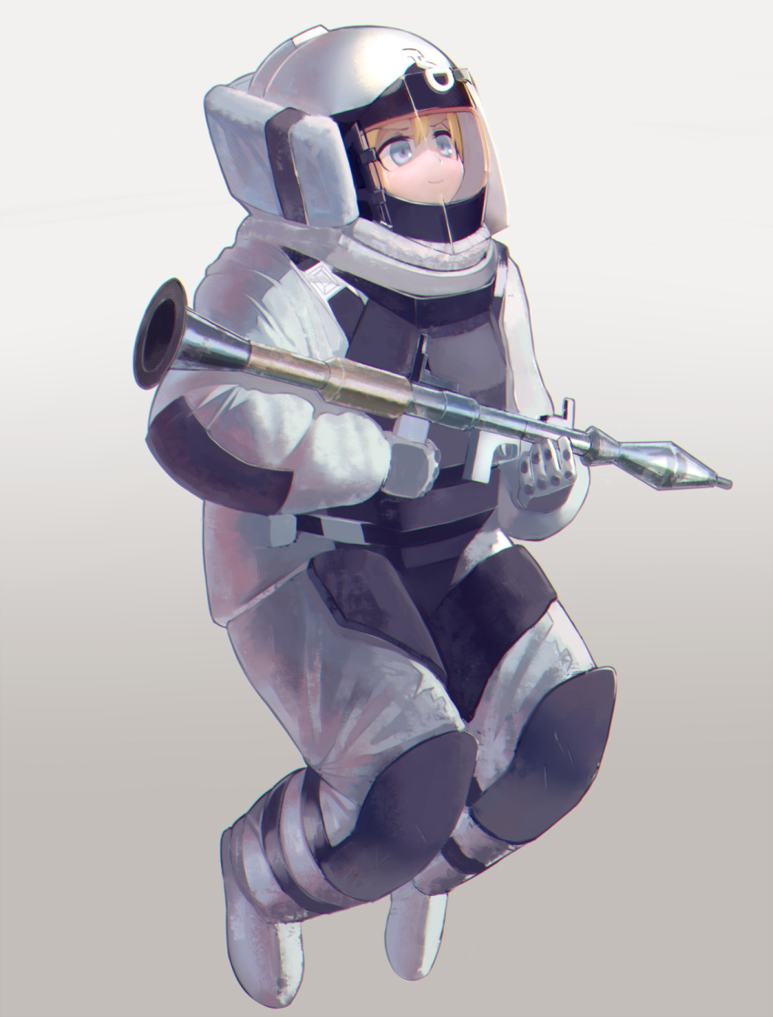 &gt;:) armor blonde_hair blue_eyes bomb_suit boots gloves gradient gradient_background helmet highres holding holding_weapon long_sleeves payday_2 rocket_launcher rpg rpg-7 smile solo unipon weapon