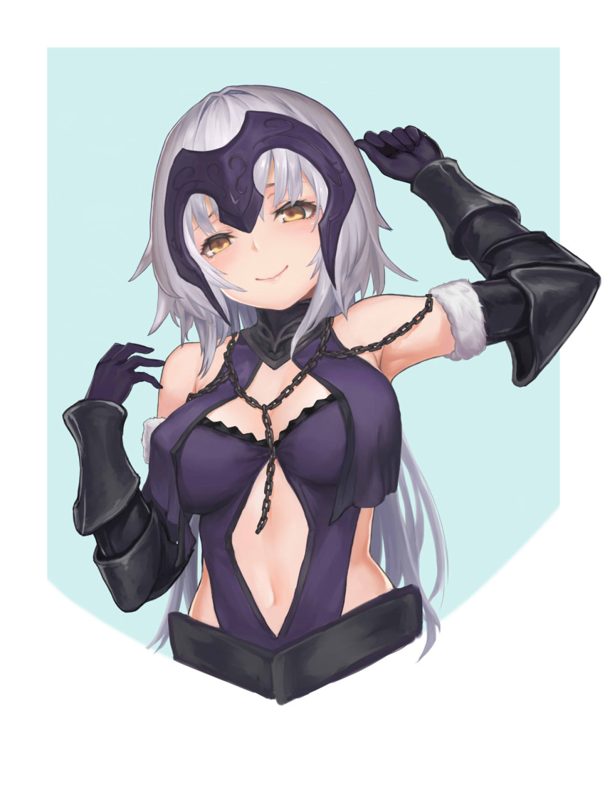1girl arm_guards arm_up armpits bangs bare_shoulders belt blonde_hair blue_background blush breasts chains cleavage cleavage_cutout closed_mouth collar commentary_request fate/apocrypha fate_(series) fur-trimmed_gloves fur_trim gloves head_tilt headpiece highres jeanne_alter long_hair looking_at_viewer medium_breasts navel navel_cutout purple_gloves revealing_clothes ruler_(fate/apocrypha) shou_xun_bu_liang silver_hair smile solo stomach upper_body