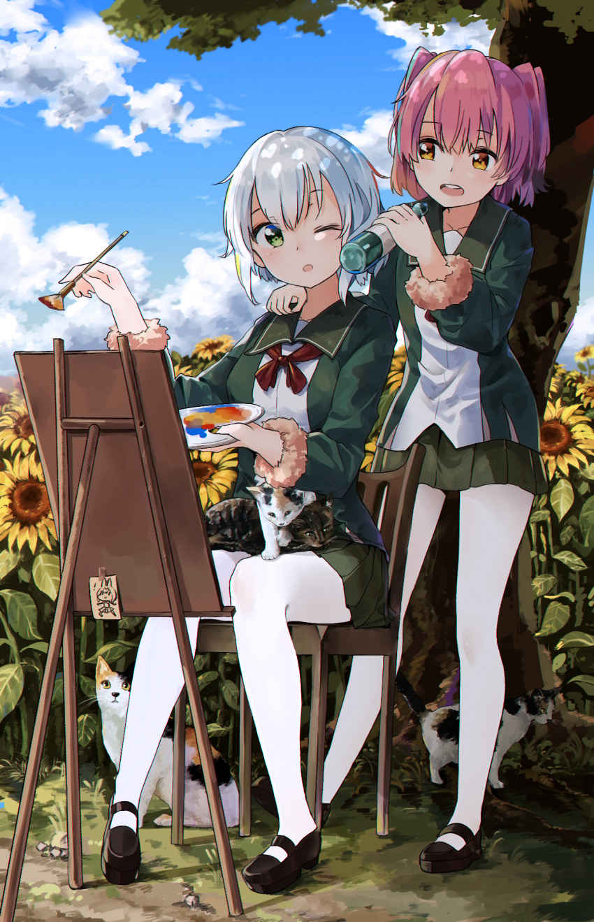 2girls black_hair black_shoes blonde_hair cat flower fur_trim green_eyes green_jacket green_skirt highres jacket kantai_collection kemono_friends kunashiri_(kantai_collection) long_sleeves multicolored_hair multiple_girls one_eye_closed open_mouth paintbrush painting pantyhose pink_hair pleated_skirt red_ribbon ribbon serval_(kemono_friends) shimushu_(kantai_collection) shoes short_hair sitting skirt sunflower teeth tree two_side_up white_legwear yamano_(yamanoh) yellow_eyes