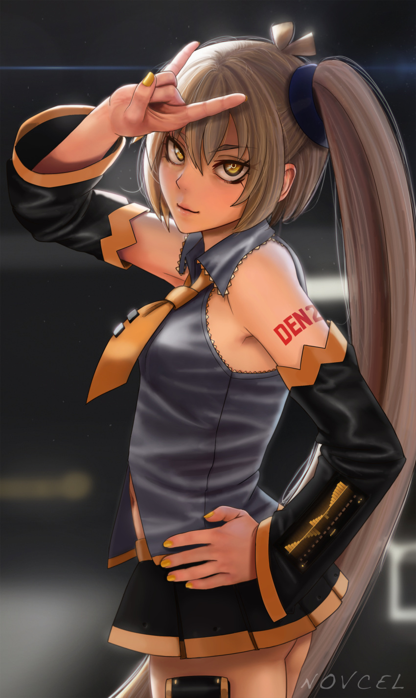 &gt;:) 1girl absurdres akita_neru antenna_hair arm_tattoo arm_up artist_name asymmetrical_hair bare_shoulders black_skirt blonde_hair blurry blurry_background breasts closed_mouth collared_shirt cowboy_shot detached_sleeves fingernails grey_shirt hair_between_eyes hair_tie hand_on_hip highres lips long_fingernails long_hair long_sleeves looking_at_viewer looking_to_the_side miniskirt nail_polish necktie novcel pleated_skirt shirt side_ponytail skirt sleeveless sleeveless_shirt small_breasts solo standing sunlight tattoo thick_eyebrows thighs tsurime v very_long_hair vocaloid wing_collar yellow_eyes yellow_nails yellow_necktie