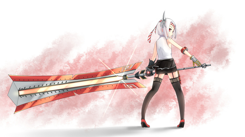1girl armband asymmetrical_gloves black_gloves black_legwear black_skirt from_behind garter_straps gloves headband high_heels highres holding_sword horn_ornament looking_at_viewer looking_back lux_(pixiv4480548) metal_gloves red_eyes red_shoes shoes short_hair simple_background skirt solo standing striped sword thigh-highs vest vittorio_veneto_(zhan_jian_shao_nyu) weapon white_hair white_vest zettai_ryouiki zhan_jian_shao_nyu