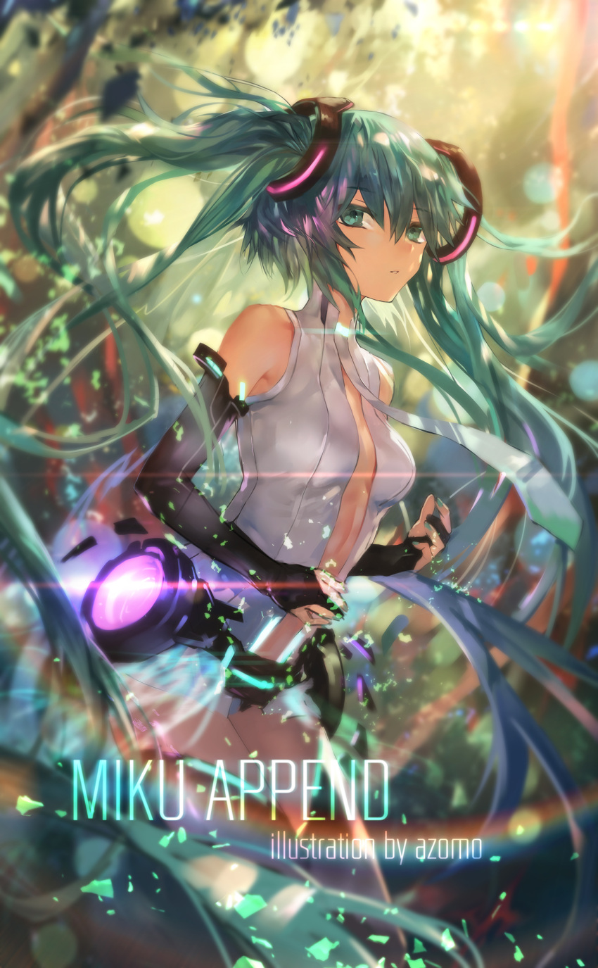 1girl artist_name avamone bridal_gauntlets center_opening character_name green_eyes green_hair hatsune_miku highres long_hair miku_append necktie solo twintails very_long_hair vocaloid vocaloid_append