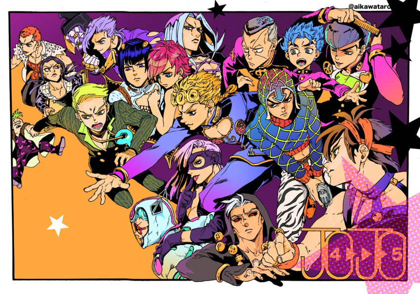 1girl 6+boys aikawa_taro aqua_eyes aqua_hair black_eyes black_hair black_sclera blonde_hair blue_hair bob_cut bodysuit brooch bruno_buccellati comb combing crop_top curly_hair dollar_sign earrings facial_mark formaggio gakuran ghiaccio giorno_giovanna glasses green_hair grey_hair guido_mista gun hair_ornament hairband hairclip handgun hat heart higashikata_jousuke hirose_kouichi holding_hand horns illuso jewelry jojo_no_kimyou_na_bouken ladybug leone_abbacchio long_hair mask melone metallica_(stand) midriff multicolored_hair multiple_boys narancia_ghirga navel necklace nijimura_okuyasu open_mouth orange_hair pannacotta_fugo peace_symbol pendant pesci pin pink_hair pompadour prosciutto purple_hair purple_haze_(stand) red_eyes revolver risotto_nero school_uniform short_hair silver_hair smile stand_(jojo) star stud_earrings trigger_discipline trish_una turtleneck twitter_username two-tone_hair violet_eyes weapon white_album_(stand) zipper