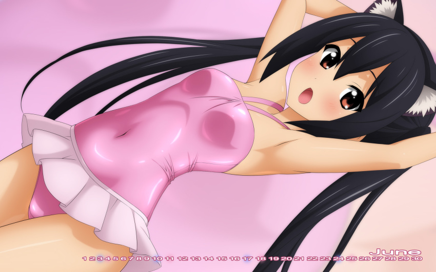 1girl arms_behind_head black_hair blush breasts brown_eyes calendar casual_one-piece_swimsuit collarbone covered_navel cowboy_shot highres june k-on! long_hair looking_at_viewer nakano_azusa navel one-piece_swimsuit open_mouth pose shiny shiny_clothes sitting small_breasts solo stomach sugimura_tomokazu swimsuit twintails wariza