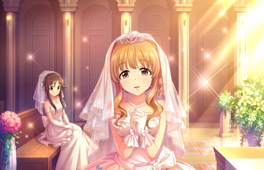 2girls artist_request bangs bare_shoulders blush bow bridal_veil brown_hair church collarbone curly_hair dress earrings eyelashes flower frills gloves hair_ornament hands_together himekawa_yuki idolmaster idolmaster_cinderella_girls idolmaster_cinderella_girls_starlight_stage jewelry looking_at_viewer moroboshi_kirari multiple_girls necklace official_art open_mouth orange_hair parted_lips plant rose sitting sleeveless sleeveless_dress smile star star_hair_ornament strapless strapless_dress tiara tied_hair veil wedding_dress