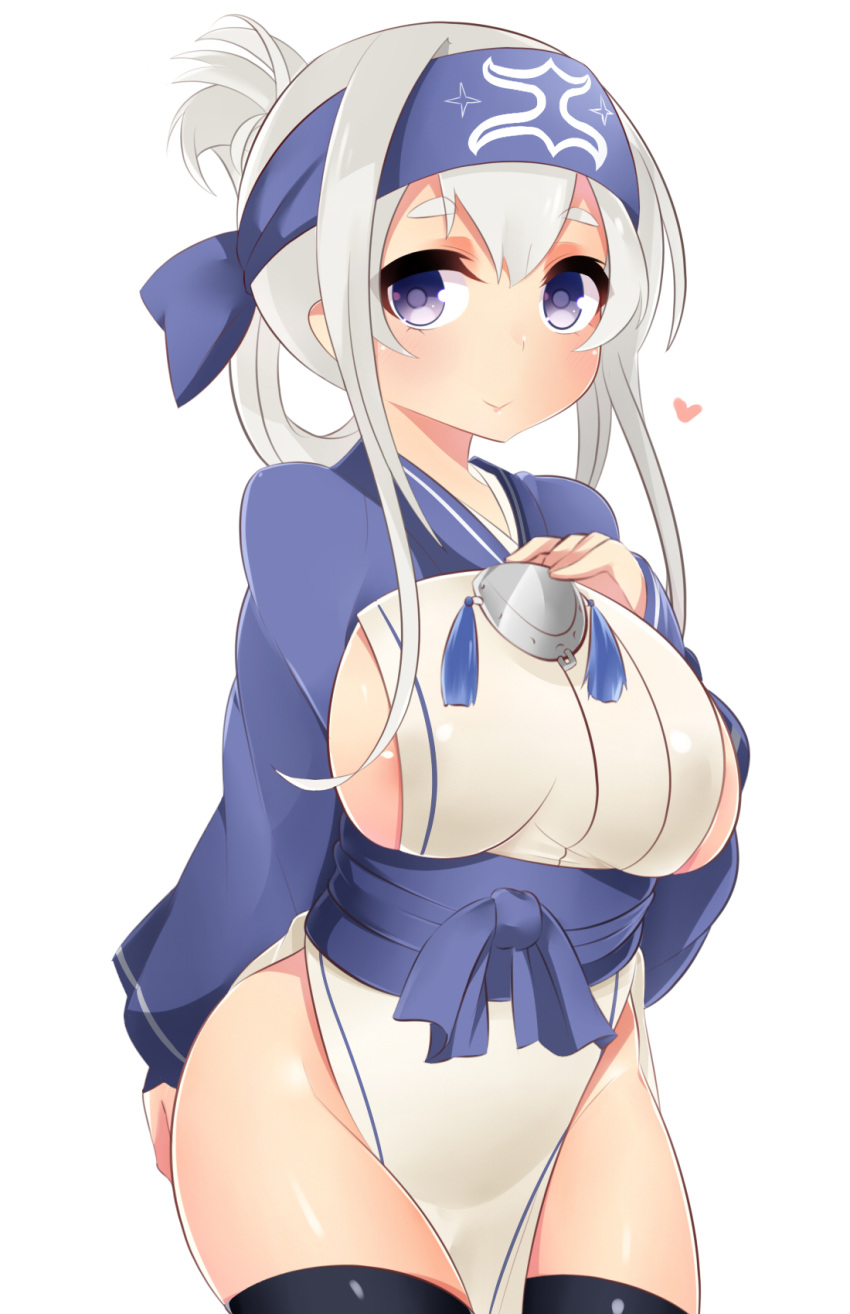 1girl ainu_clothes bandanna black_legwear blue_eyes breasts folded_ponytail furaggu headband highres kamoi_(kantai_collection) kantai_collection large_breasts long_hair long_sleeves looking_at_viewer sideboob sidelocks simple_background smile solo thick_eyebrows thigh-highs white_background white_hair wrist_guards