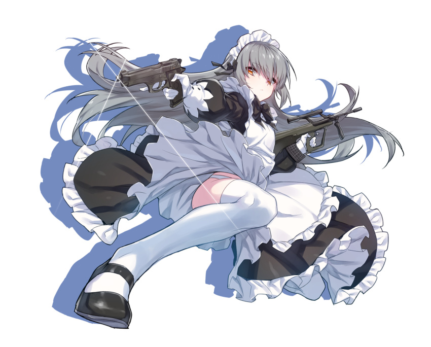 1girl apron assault_rifle bangs beretta_92 black_dress black_shoes bullpup closed_mouth closers dress eyebrows_visible_through_hair floating_hair frilled_apron frills gloves grey_hair gun hand_up handgun highres holding holding_gun holding_pistol holding_weapon kneeling long_hair long_sleeves looking_at_viewer maid maid_headdress mary_janes one_knee orange_eyes panties panty_peek pistol rifle shadow shoes simple_background solo steyr_aug supernew thigh-highs tina_(closers) trigger_discipline underwear weapon white_background white_gloves white_legwear white_panties