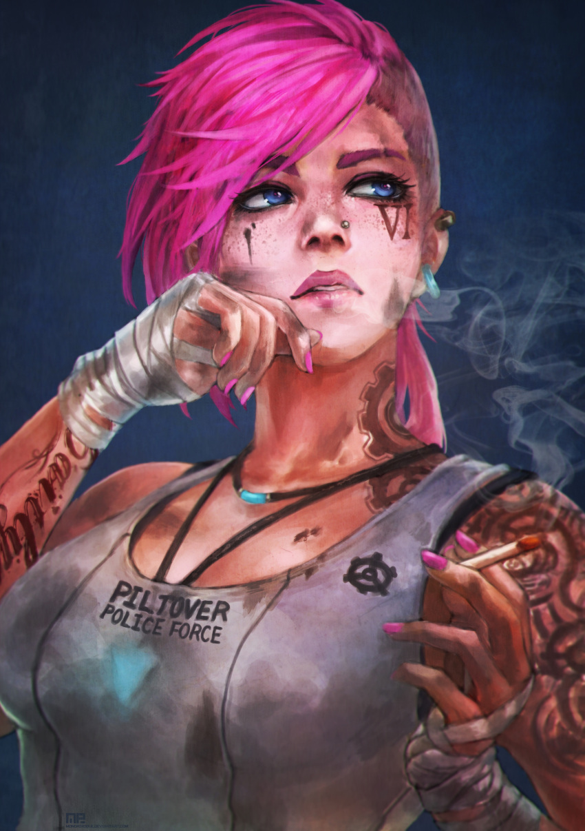 1girl absurdres asymmetrical_hair blue_eyes breasts cigarette close-up dirty_face earrings eyeliner facial_tattoo highres jewelry league_of_legends lips lipstick long_hair makeup mascara medium_breasts monori_rogue nail_polish necklace nose_piercing piercing pink_hair pink_nails smoke smoking solo tank_top tattoo undercut upper_body vi_(league_of_legends) wrist_wraps