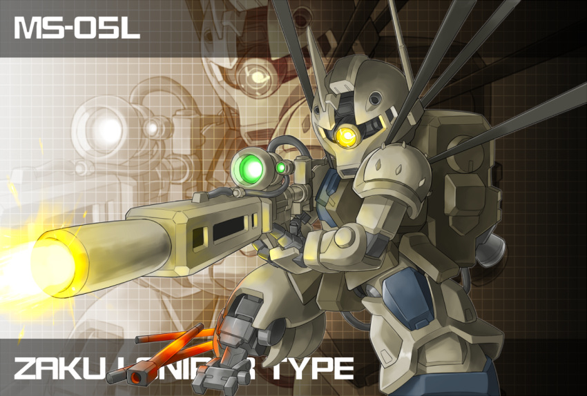 beam_rifle character_name energy_gun gun gundam gundam_unicorn mecha memento_vivi no_humans one-eyed one_knee rifle sniper_rifle weapon yellow_eyes zaku_i_sniper_type zoom_layer