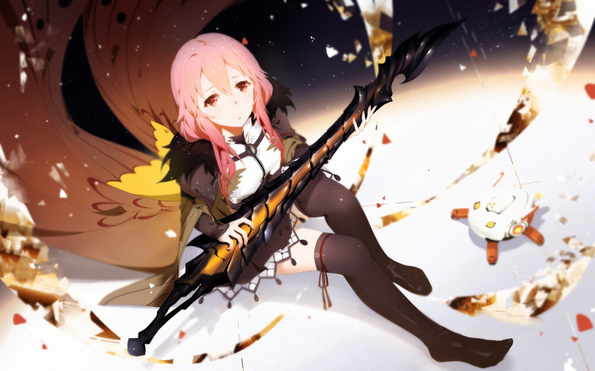 1girl alternate_costume cangkong commentary guilty_crown highres long_hair night night_sky pink_hair red_eyes sky solo sword thigh-highs thighs wallpaper weapon yuzuriha_inori