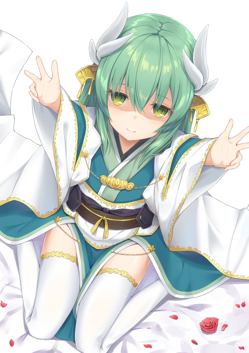 berserker_(kiyohime) blush fate/grand_order green_eyes green_hair horns kimono long_hair smile