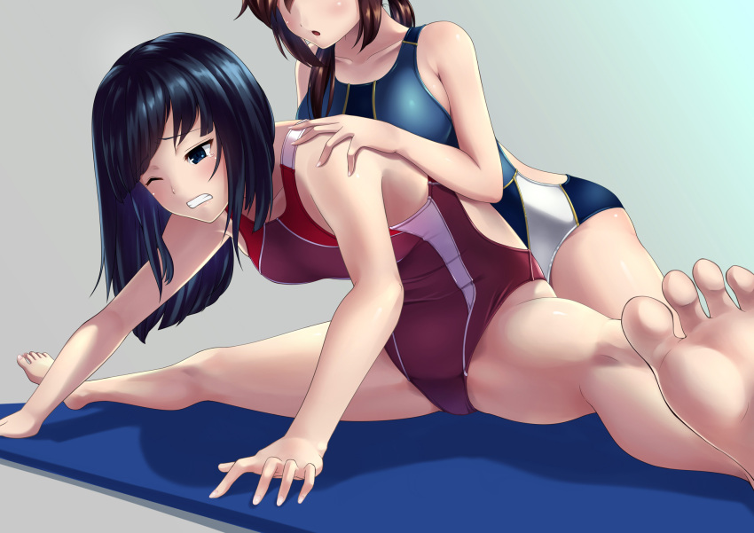 2girls :o arched_back arm arm_support back_cutout bare_arms bare_legs bare_shoulders barefoot black_eyes black_hair blue_swimsuit blush breasts brown_hair clenched_teeth collarbone competition_swimsuit covered_navel crying crying_with_eyes_open feet female girl_on_top gradient gradient_background grey_background hair_over_shoulder hand_on_another's_shoulder head_out_of_frame highres large_breasts leaning leaning_forward legs legs_apart long_hair low_ponytail matching_hair/eyes mattress medium_breasts multiple_girls one-piece_swimsuit one_eye_closed open_mouth original outstretched_leg parted_lips ponytail raised_eyebrows red_swimsuit shiny shiny_clothes shiny_hair shiny_skin sideboob sidelocks sitting soles spread_legs stretch swimsuit tears teeth tiptoes toes toumin wince yuri