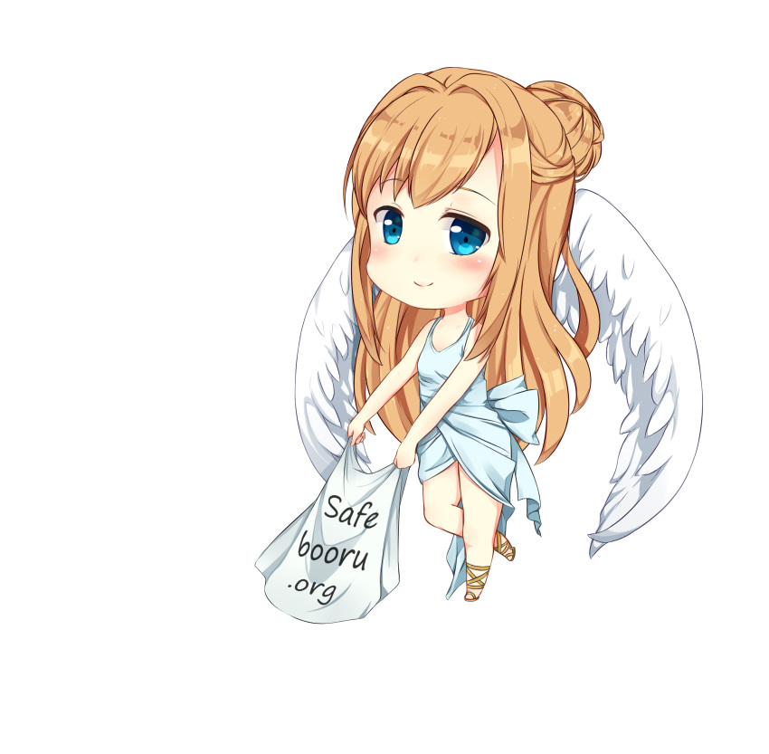 angel_wings bangs blonde_hair blue_eyes chibi greek_clothes hair_bun holding long_hair mascot no_nose safebooru safebooru-tan sandals simple_background thighs toeless_footwear toeless_shoes white_background white_cape wings