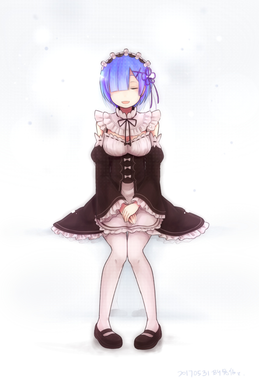 1girl apron bare_shoulders black_shoes blue_eyes blue_hair breasts closed_eyes dated detached_collar detached_sleeves frilled_sleeves frills hair_ornament hair_over_one_eye hair_ribbon hands_on_lap highres long_sleeves maid maid_headdress mary_janes medium_breasts open_mouth puffy_detached_sleeves puffy_sleeves re:zero_kara_hajimeru_isekai_seikatsu red_ribbon rem_(re:zero) ribbon ribbon_trim shoes short_hair sitting smile solo thigh-highs tuzai_yu underbust waist_apron white_apron white_legwear x_hair_ornament