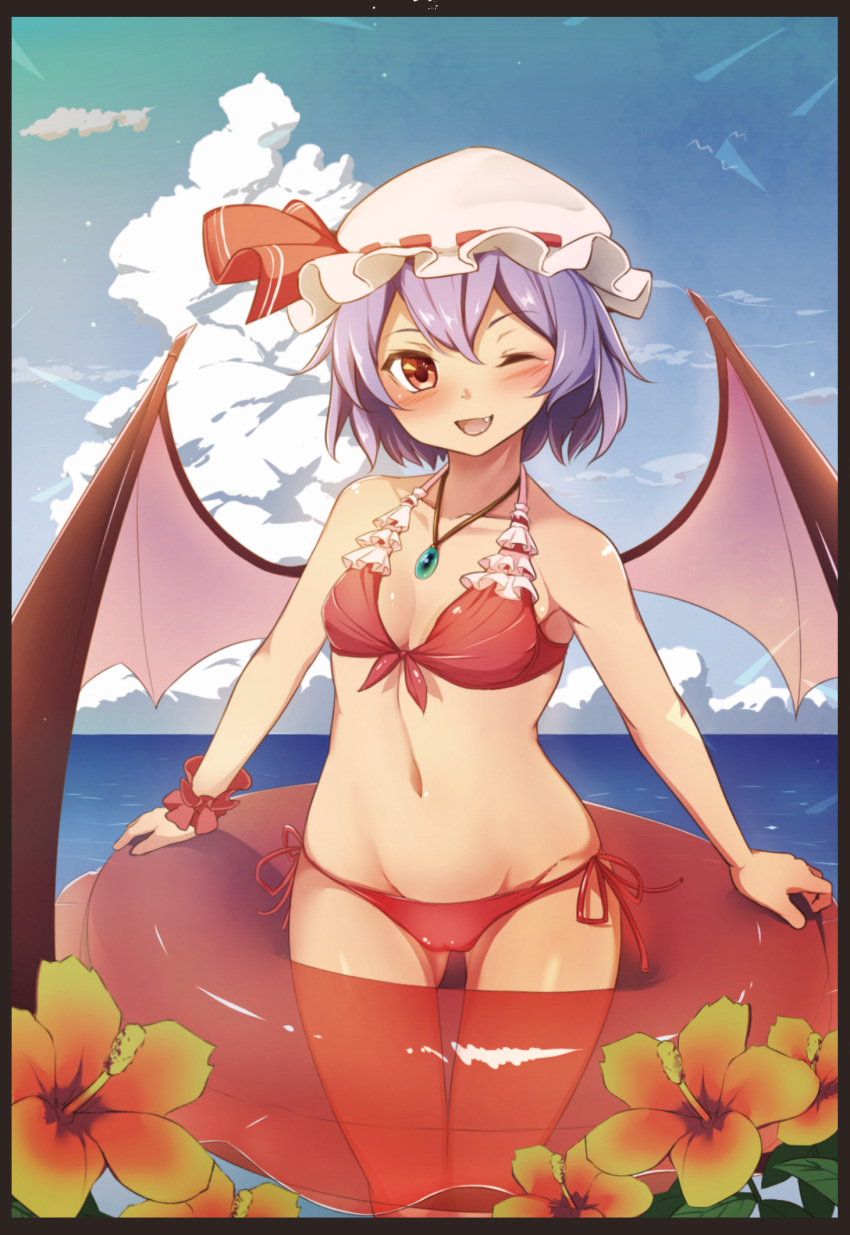 1girl ;d alternate_costume bare_shoulders bat_wings bikini blush breasts clouds collarbone fang flower frilled_bikini frills front-tie_bikini front-tie_top gluteal_fold groin hat hat_ribbon hibiscus highres innertube jewelry looking_at_viewer mob_cap moyashi_baasuto navel necklace ocean one_eye_closed open_mouth outdoors pendant purple_hair red_bikini red_eyes remilia_scarlet ribbon short_hair side-tie_bikini sky small_breasts smile solo swimsuit thigh_gap touhou wings wrist_cuffs