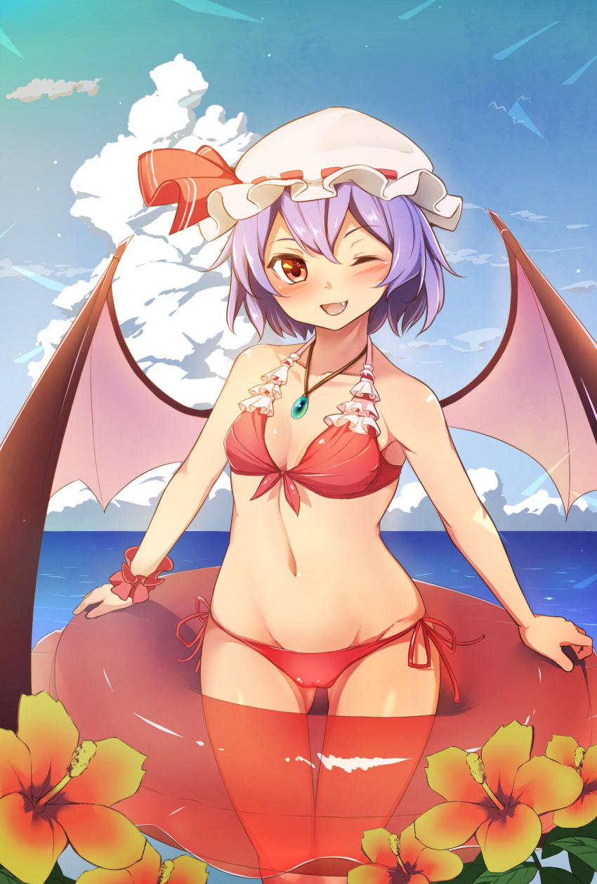 1girl ;d alternate_costume bare_shoulders bat_wings bikini blush breasts clouds collarbone fang flower frilled_bikini frills front-tie_bikini front-tie_top gluteal_fold groin hat hat_ribbon hibiscus highres innertube jewelry looking_at_viewer mob_cap moyashi_baasuto navel necklace ocean one_eye_closed open_mouth outdoors pendant purple_hair red_bikini red_eyes remilia_scarlet ribbon short_hair side-tie_bikini sky small_breasts smile solo swimsuit thigh_gap touhou wings wrist_cuffs